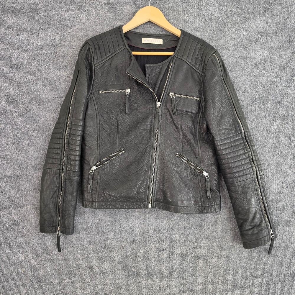 Whistles Jacket Womens 8 Black Leather Quilted Moto Biker Zip Riding Grunge